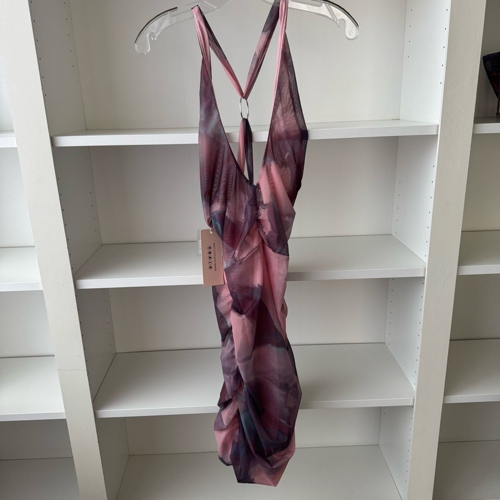 NWT OH POLLY x TAMMY HEMBROW Out Of This World Crossover Ruched Mesh Mini Dress - Picture 5 of 9